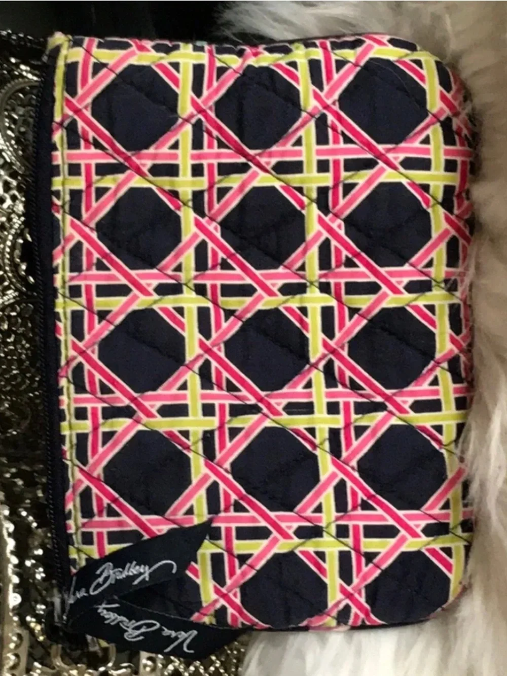 Vera Bradley Ribbons pattern zippered small cosmetics bag navy, pink green white